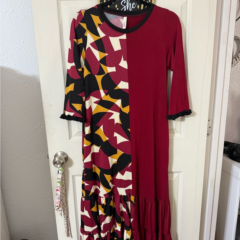Celeste Burgundy and Multicolor Long Sleeve Dress